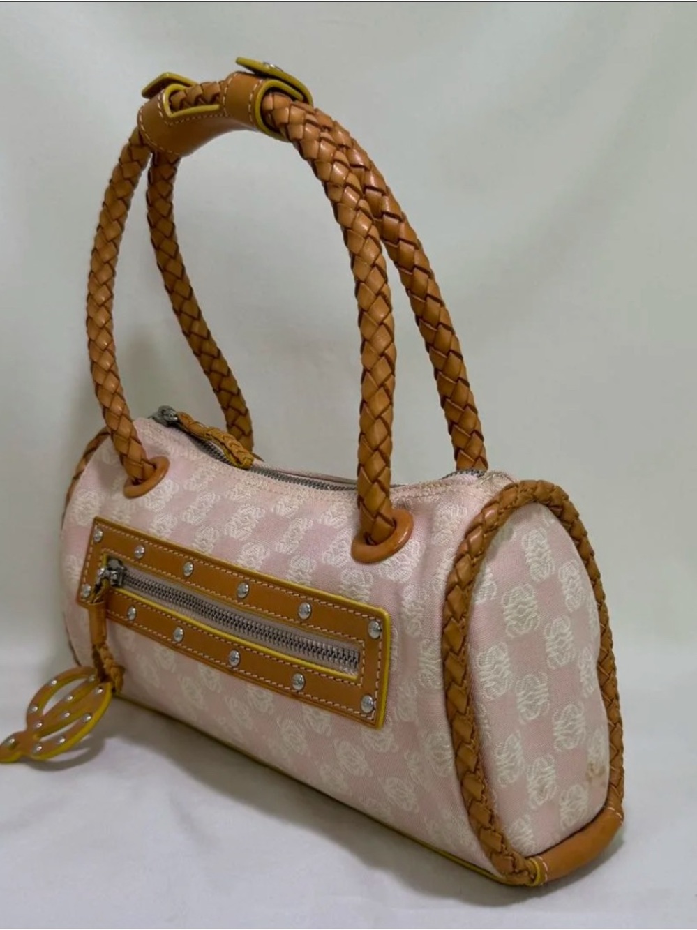 Vintage LOEWE Pink & Tan Anagram Bowler Handbag - Picture 3 of 10